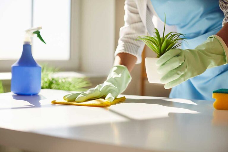 A person cleaning a kitchen counter with a spray bottle and reusable cloth near a sunny window.