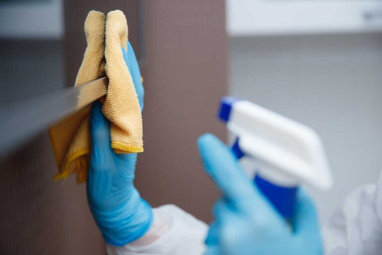 A person washes a sponge and dishcloth beside a kitchen sink before placing them on a drying rack.